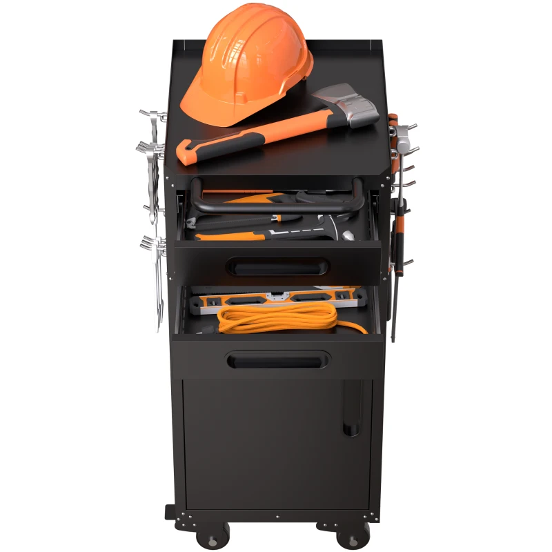 Armoire à outils mobile étroite en métal, porte verrouillable, 2 tiroirs et roulettes pivotantes, Noir