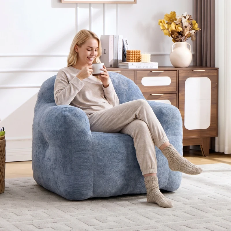 Sitzsack-Sessel mit Armlehnen, Kunstfellbezug und hochelastischer Schaumstofffüllung, für Wohnzimmer und Leseecke, 95x95x79 cm, Blau