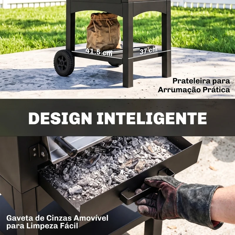 Outsunny Forno de Pizza Exterior com 2 Camadas Forno a Lenha com Rodas Gaveta Removível Prateleira para Jardim 64x54x160 cm Preto