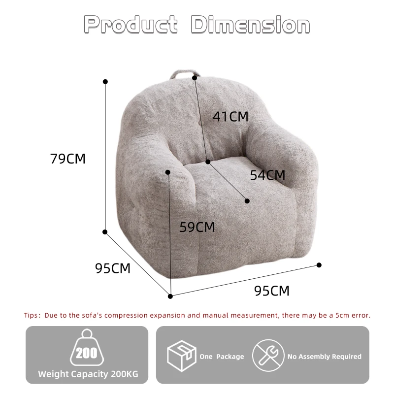 Sitzsack-Sessel, geschredderte Schaumstofffüllung, Kunstfell, Armlehnen, 95x95x79 cm, Hellgrau
