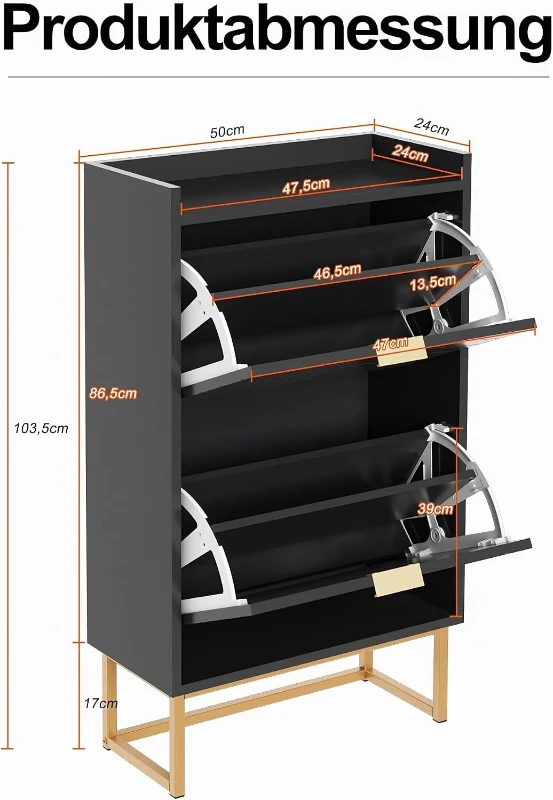 Schuhschrank mit 2 Klappen, schmaler Schuhkipper mit Kippschutz und verstellbaren Trennwänden, 50x24x103,5 cm, Schwarz