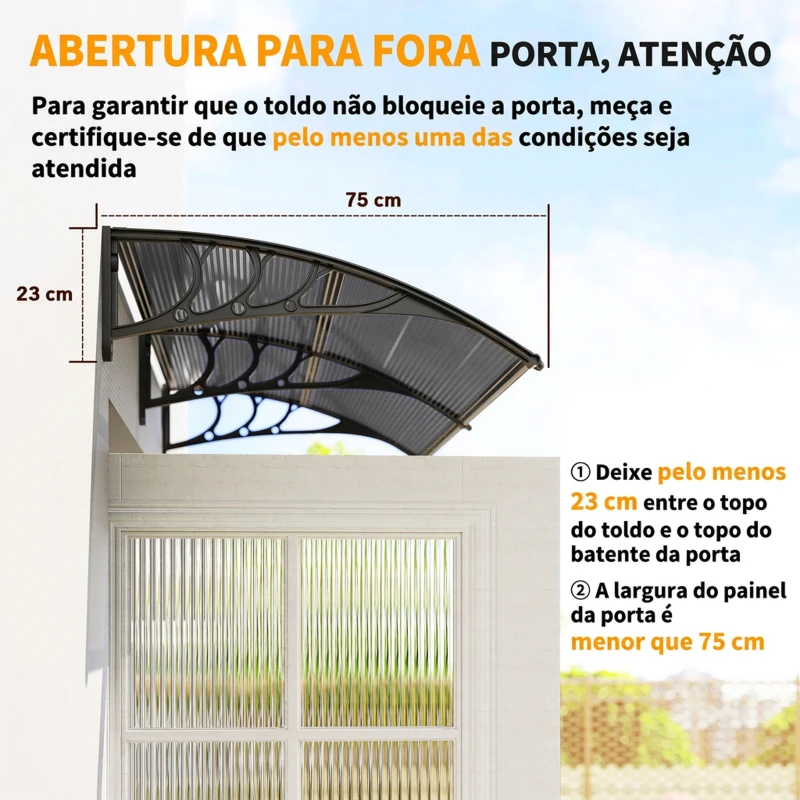 Outsunny Marquise para Portas e Janelas 196x75x23 cm Marquise de Proteção contra Sol e Chuva com Cobertura de Policarbonato Preto