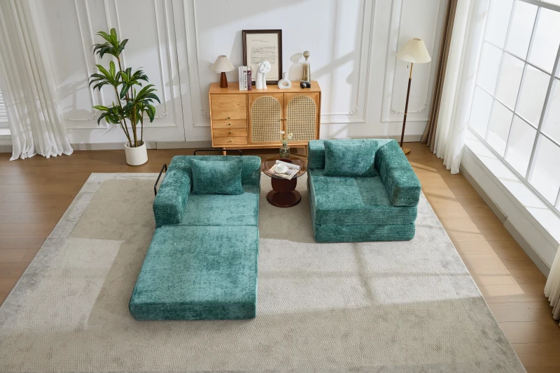 Wandelbares Bodenschlafsofa, modulares Design, Chenillebezug, ohne Montage, 200x100x63 cm, Dunkelgrün