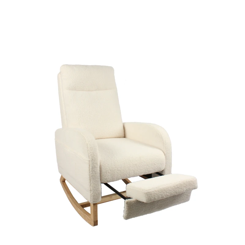 Fauteuil à bascule d’allaitement, dossier haut, tissu teddy, poche latérale, repose-pieds, base en bois courbé, Blanc