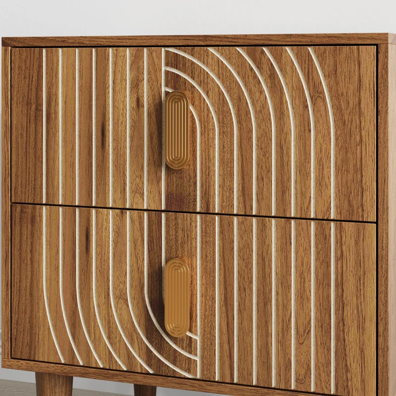 Nachttisch mit 2 Schubladen und geometrischen Intarsien, Boho-Stil, MDF, 48x38x56 cm, Walnussbraun
