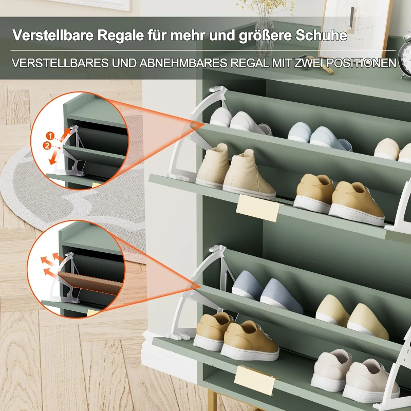 Schuhschrank mit 2 Klappen, schmal, mit Kippschutz und verstellbaren Trennwänden, 50x24x103,5 cm, Grün