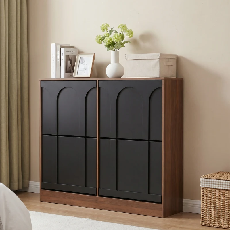 Schuhschrank mit 4 Klappen, schmal, modernes Skandi-Design, verstellbare Trennwände, Schwarz