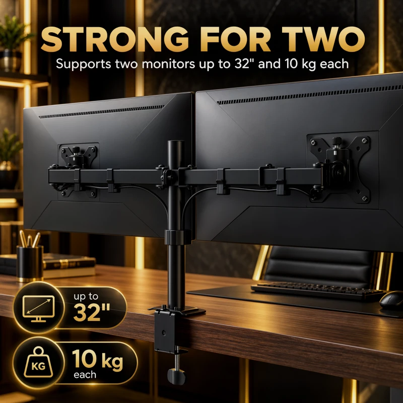 HOMCOM Dual Monitor Stand for 2 Screens up to 32", Height Adjustable Monitor Riser with Tilt, Swivel & 360° Rotation