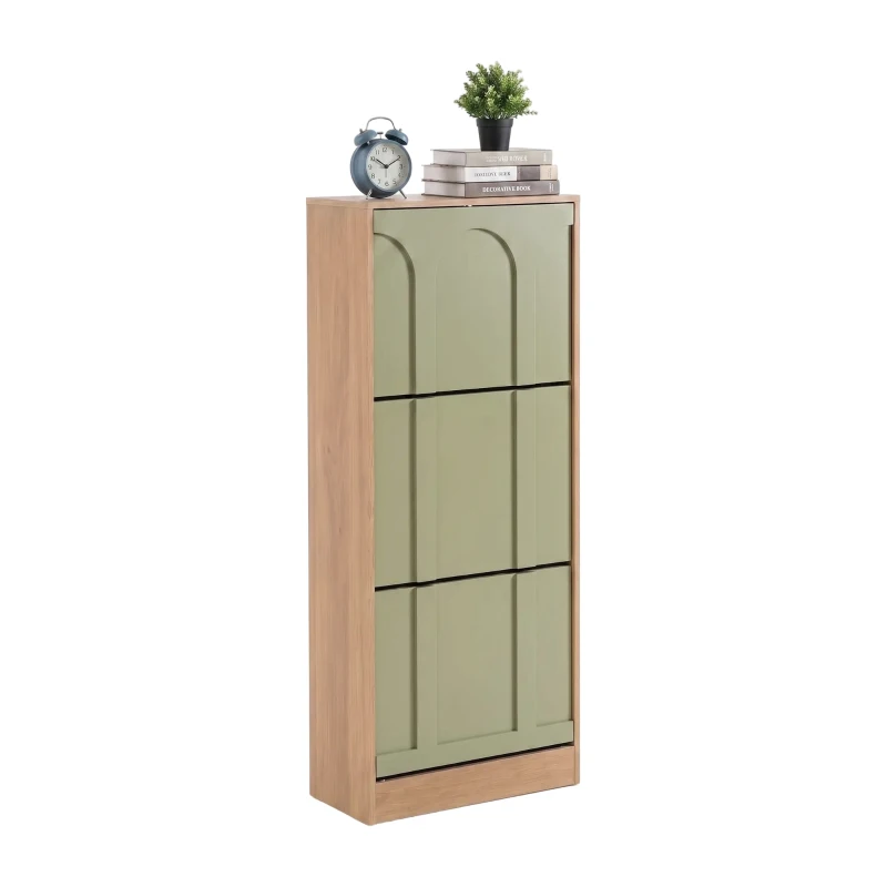 Schuhschrank mit 3 Klappen, schmal, verstellbare Trennwände, Skandi-Stil, 50x24x122,5 cm, Grün