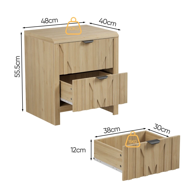 Nachttisch in Eichenoptik mit Schublade, 3D-Riffelung und Metallgriffen, Mid-Century-Modern-Stil, Eiche