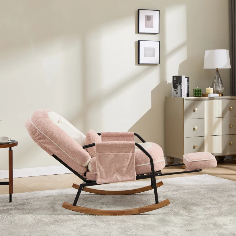 Fauteuil à bascule grand format, dossier réglable et repose-pieds escamotable, poches latérales, coussin rembourré, intérieur et extérieur, Rose