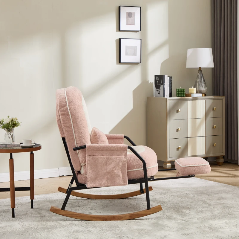 Fauteuil à bascule grand format, dossier réglable et repose-pieds escamotable, poches latérales, coussin rembourré, intérieur et extérieur, Rose