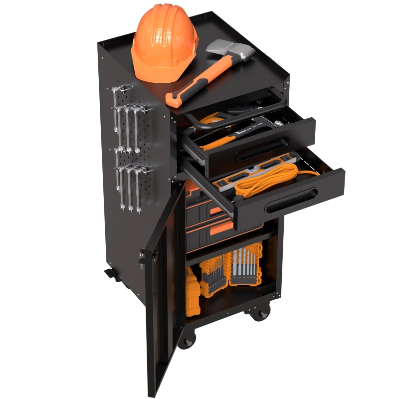 Armoire à outils mobile étroite en métal, porte verrouillable, 2 tiroirs et roulettes pivotantes, Noir