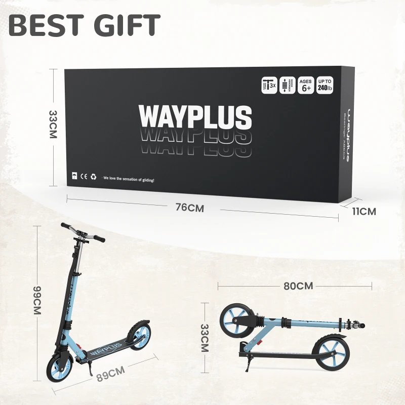 Trottinette pliable dès 6 ans pour enfants, adolescents et adultes, roues 8 pouces, guidon réglable sur 4 niveaux, roulement ABEC9, Bleu bébé