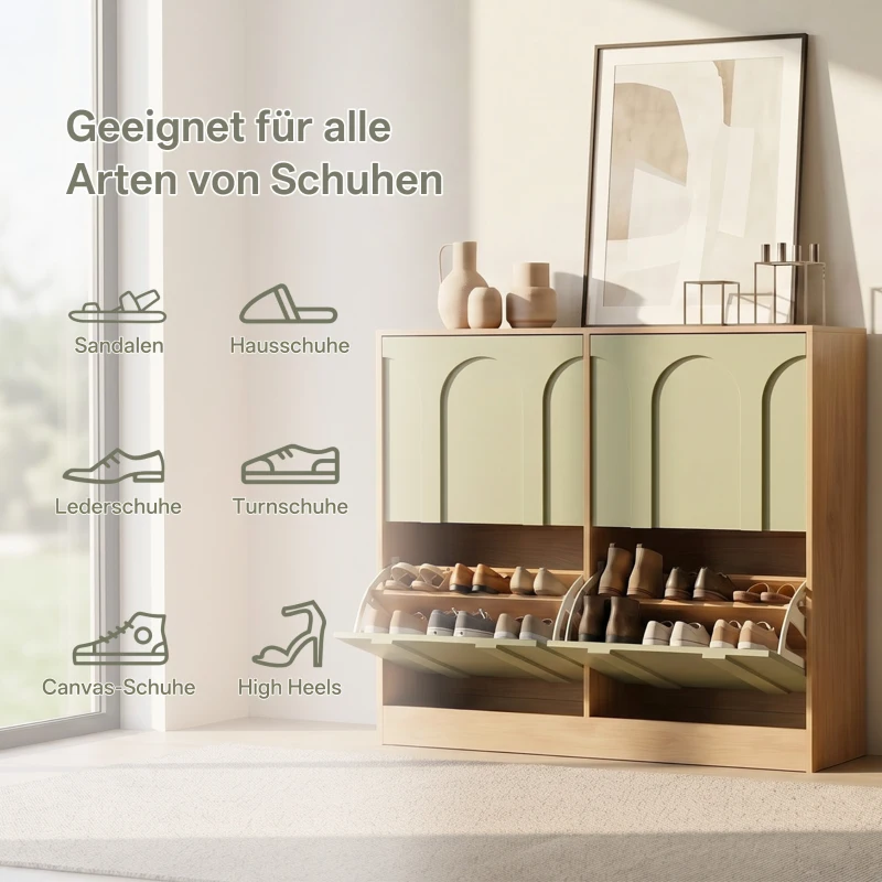 Schuhschrank mit 4 Klappen, schmal, modernes Skandi-Design, 98,5x24x85 cm, Schwarz/Grün