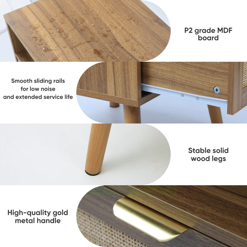 Nachttisch aus MDF mit Rattanfront, offenem Regal und Schublade, Boho- und Mid-Century-Design, goldener Griff, 45x40x55 cm, Walnuss