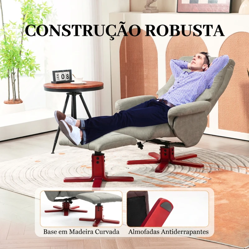 HOMCOM Poltrona Reclinável com Apoio para os Pés Estofada em Tecido Técnico Estrutura de Madeira Função Basculante Cinzento