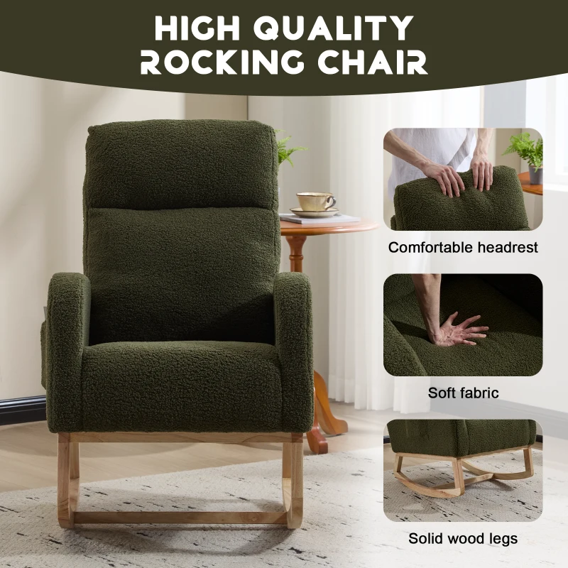 Fauteuil à bascule d’allaitement en tissu teddy, dossier haut ergonomique, base incurvée en bois et poche latérale, Vert