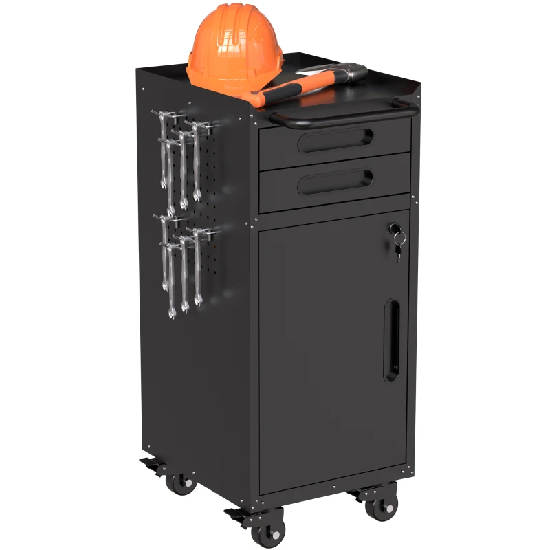 Armoire à outils mobile étroite en métal, porte verrouillable, 2 tiroirs et roulettes pivotantes, Noir