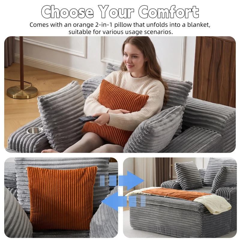 Rahmenloses Schlafsofa mit Longchair, hochdichtem Schaumstoff, 2-in-1-Kissen und Getränkehaltern, 165x112x63 cm, Grau