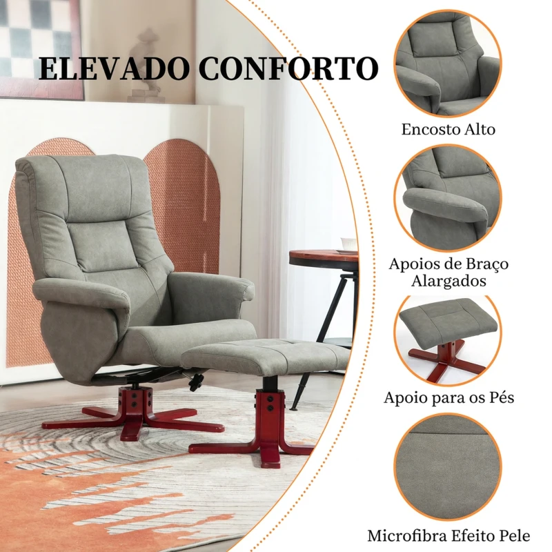 HOMCOM Poltrona Reclinável com Apoio para os Pés Estofada em Tecido Técnico Estrutura de Madeira Função Basculante Cinzento