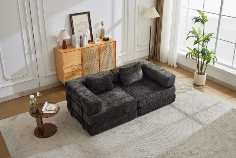 Schlafsofa, wandelbares Bodensofa, modular, Chenille, 200x100x63 cm, Schwarz