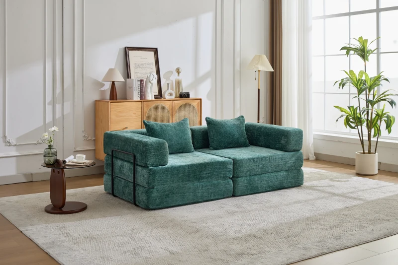 Wandelbares Bodenschlafsofa, modulares Design, Chenillebezug, ohne Montage, 200x100x63 cm, Dunkelgrün