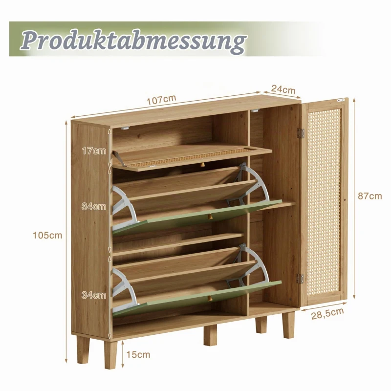Schuhschrank mit Rattan-Elementen, verstellbaren und herausnehmbaren Trennwänden, platzsparendes Design, 107x24x105 cm, Grün