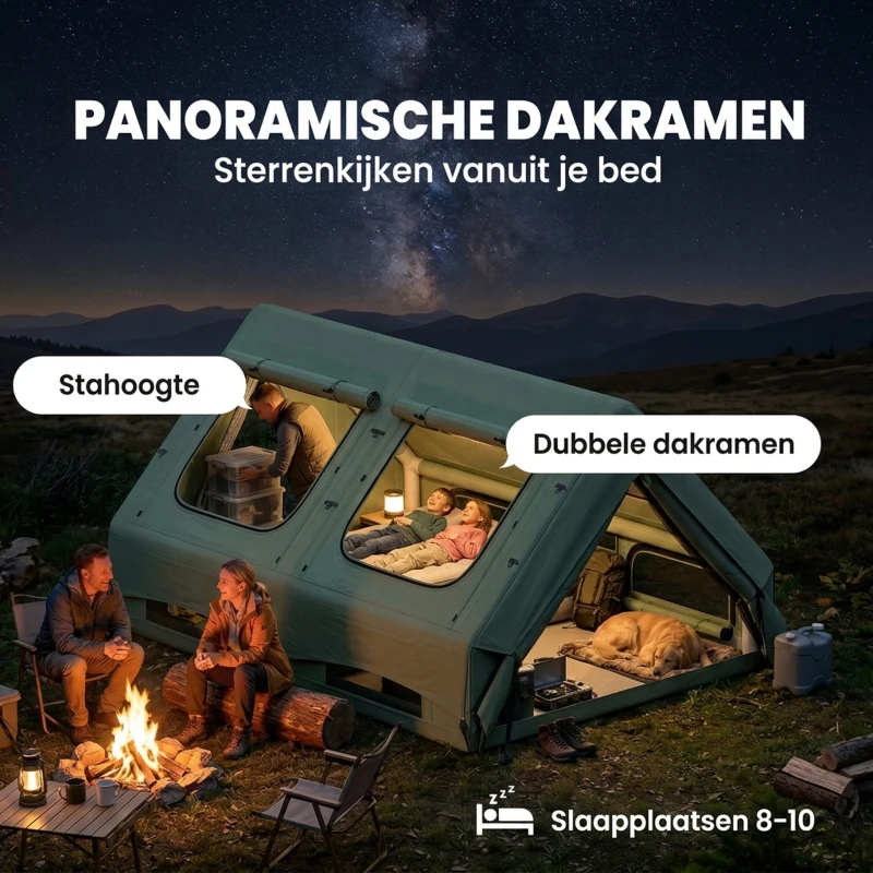 Outsunny Opblaasbare Tent 8-10 Personen Snelle Opzet 4-Seizoenen Waterdicht Krasbestendig Tent met Kachelopening Dakramen