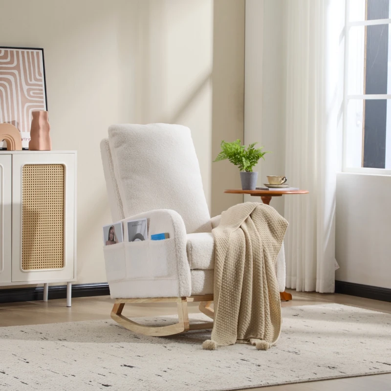 Fauteuil à bascule d’allaitement, dossier haut, tissu teddy, poche latérale, repose-pieds, base en bois courbé, Blanc
