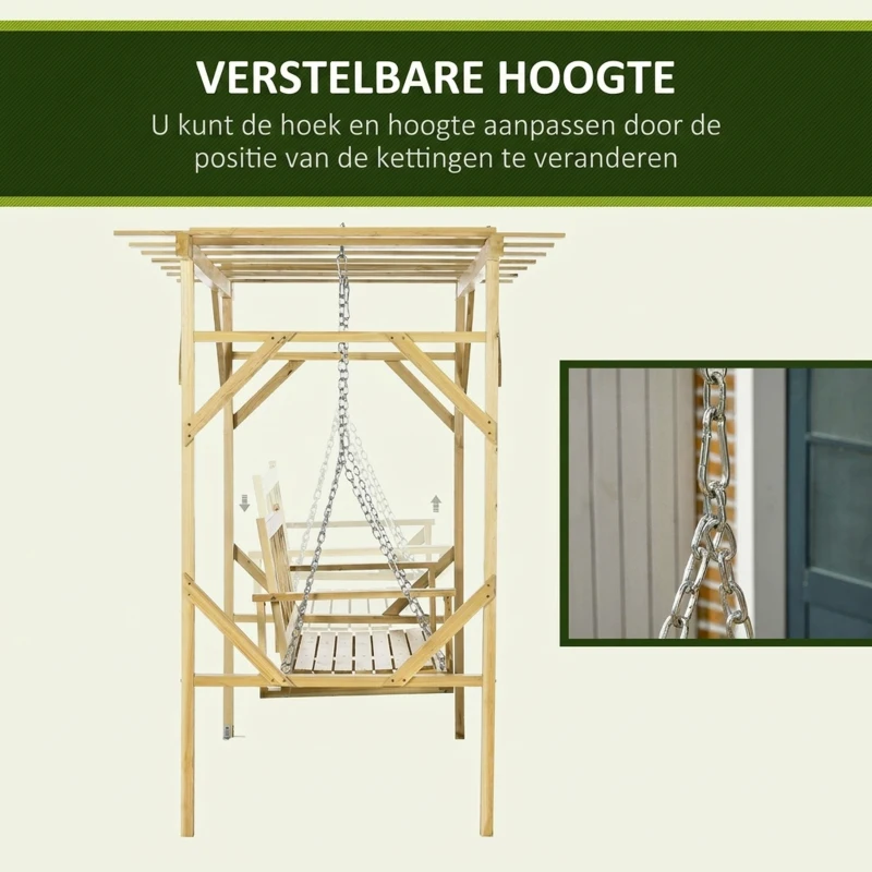 Outsunny schommelbank met pergola, 2-zits tuinschommel, massief hout, naturel