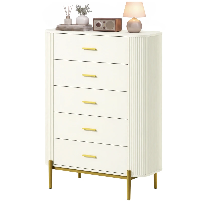 HOMCOM Kommode mit 5 Schubladen, Schlafzimmerkommode mit Rillenoptik, Metallgriffen und -beinen, 90x44x120 cm, Hellgrau