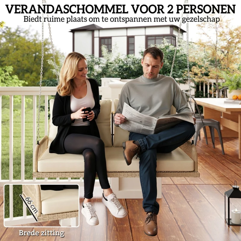 Outsunny Hollywoodschommel 2-Zits Rattan Tuinschommel met Kussens Ketens Tot 240 kg 115 x 66 x 44 cm Beige