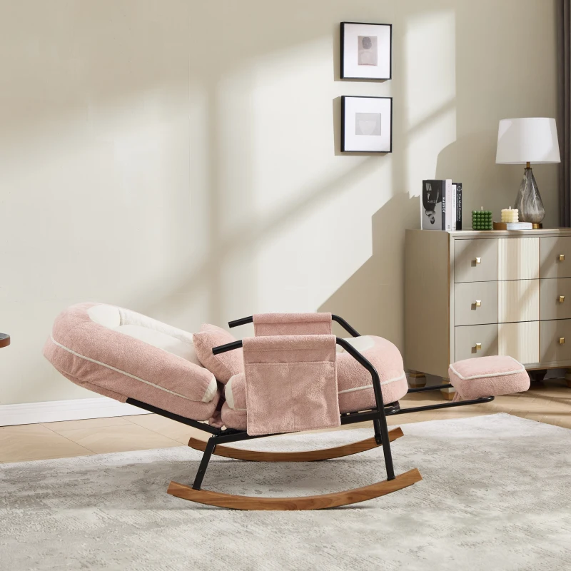 Fauteuil à bascule grand format, dossier réglable et repose-pieds escamotable, poches latérales, coussin rembourré, intérieur et extérieur, Rose