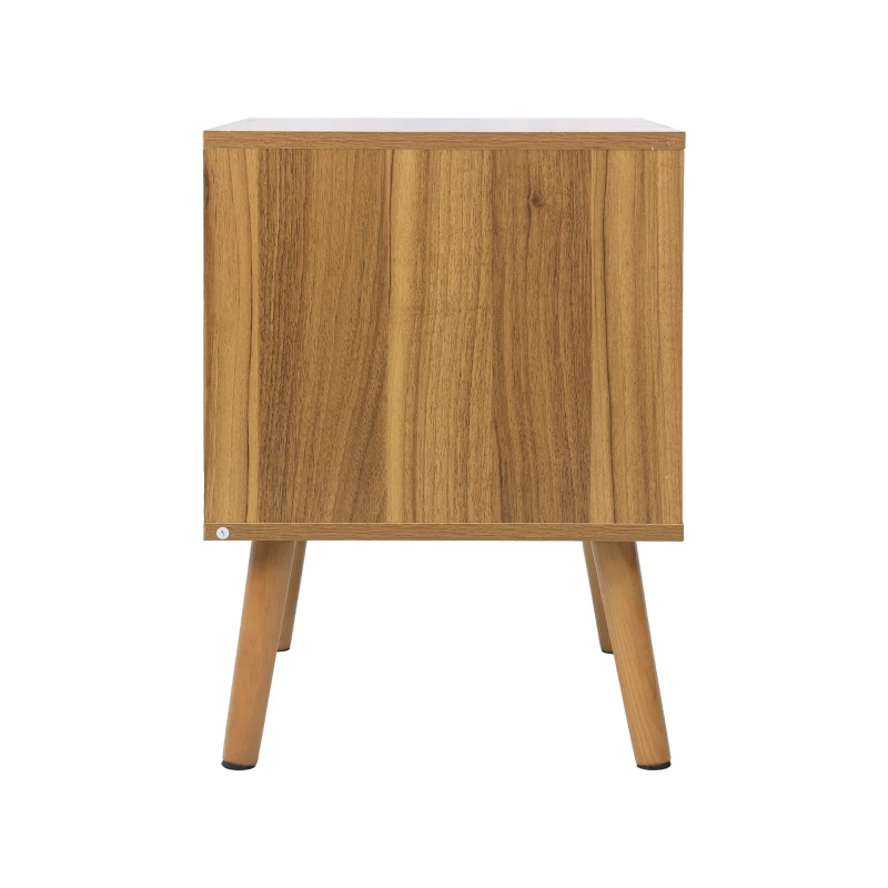 Nachttisch aus MDF mit Rattanfront, offenem Regal und Schublade, Boho- und Mid-Century-Design, goldener Griff, 45x40x55 cm, Walnuss