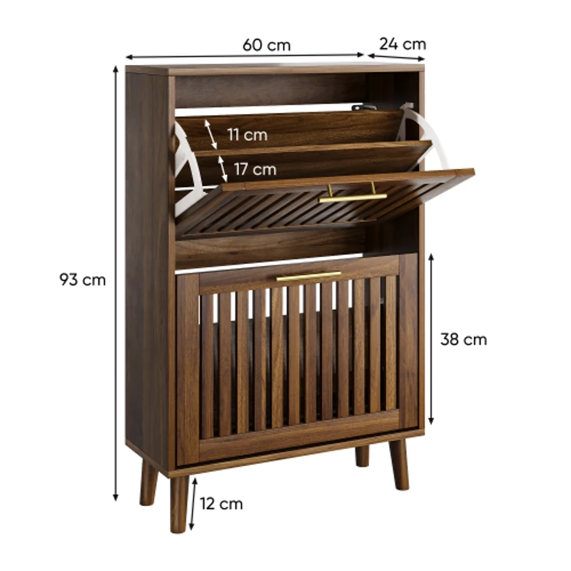 Schuhschrank, 60x24x93 cm, zwei Klappschubladen, offenes Schuhregal, Kippschutz, Landhaus-Design, Walnuss