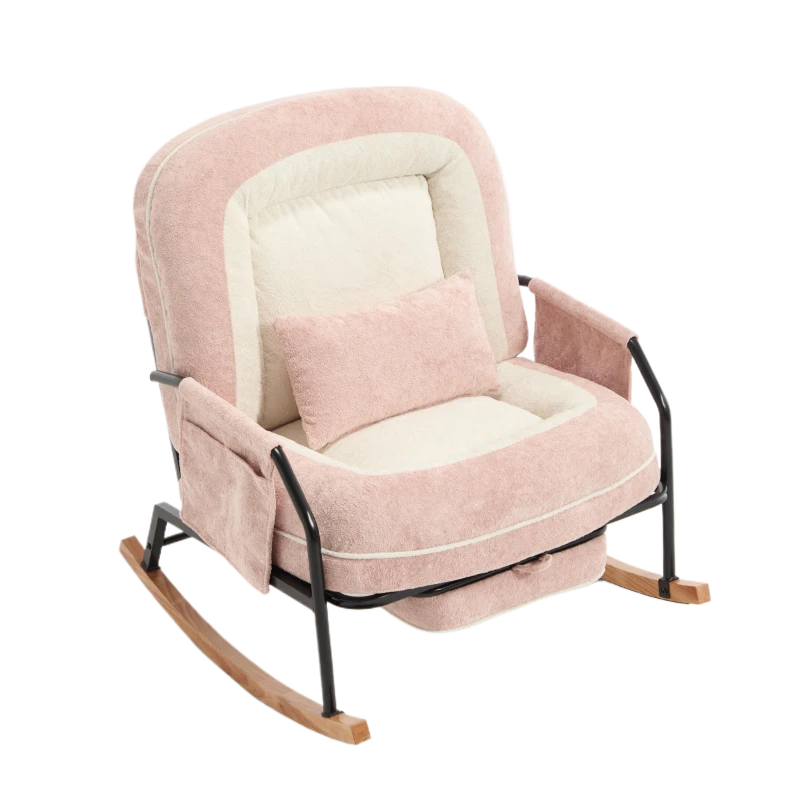 Fauteuil à bascule grand format, dossier réglable et repose-pieds escamotable, poches latérales, coussin rembourré, intérieur et extérieur, Rose