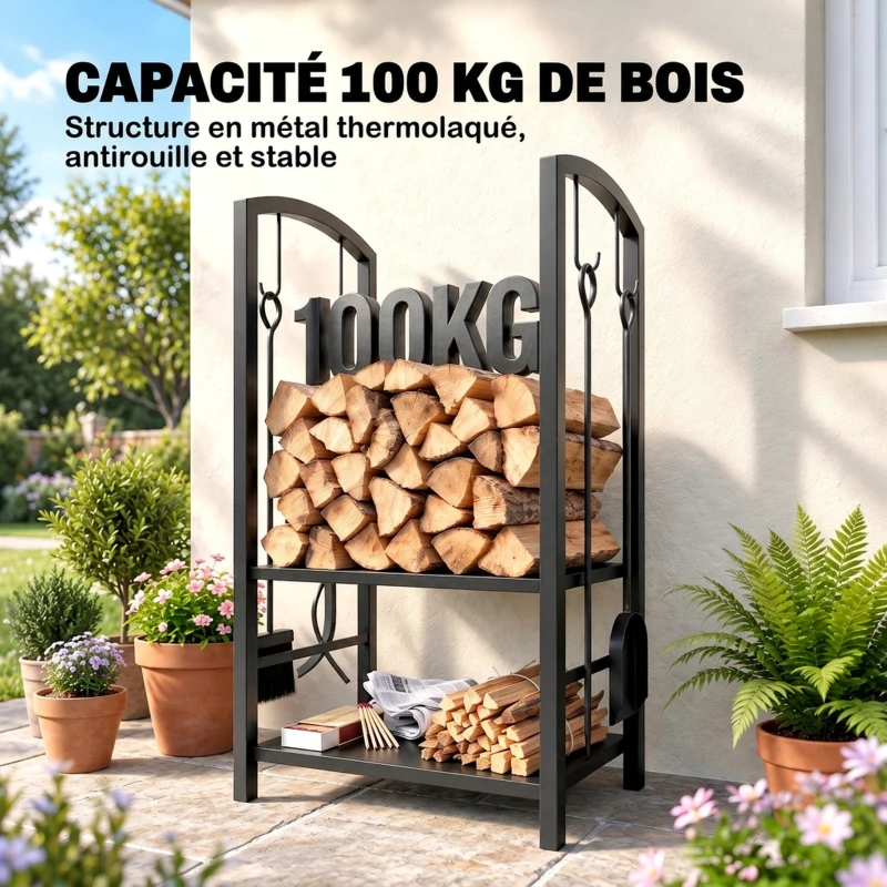 Outsunny Porte bûches - Range bûches Serviteur de cheminée - Multi Accessoires 2 étagères 40L x 30l x 75H cm métal Noir