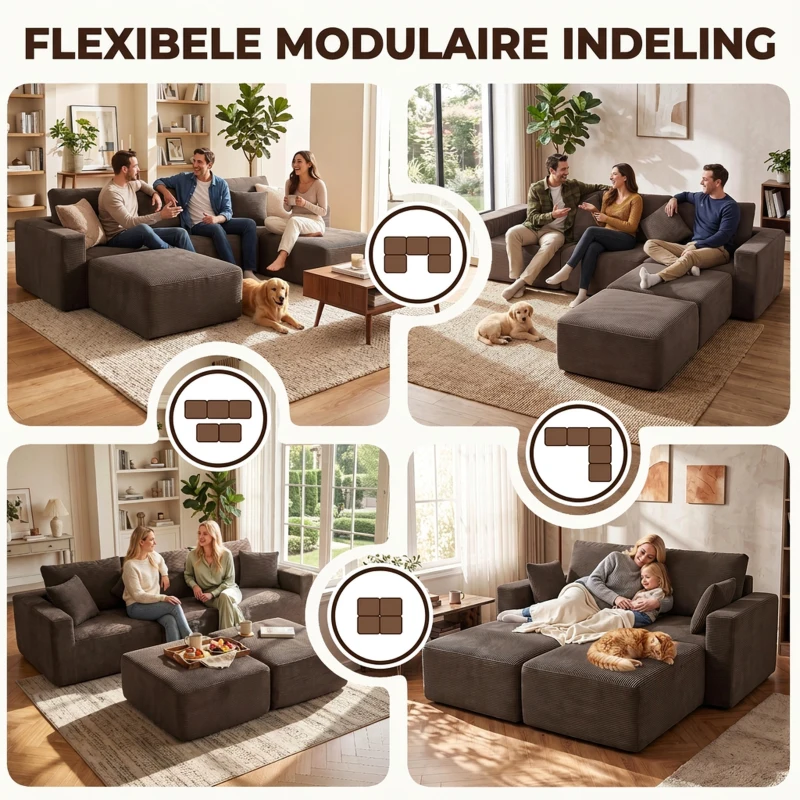 HOMCOM Modulaire U-bank 287 cm, frameloos, brede diepe corduroy zitting, high-density schuim, zonder montage, khaki