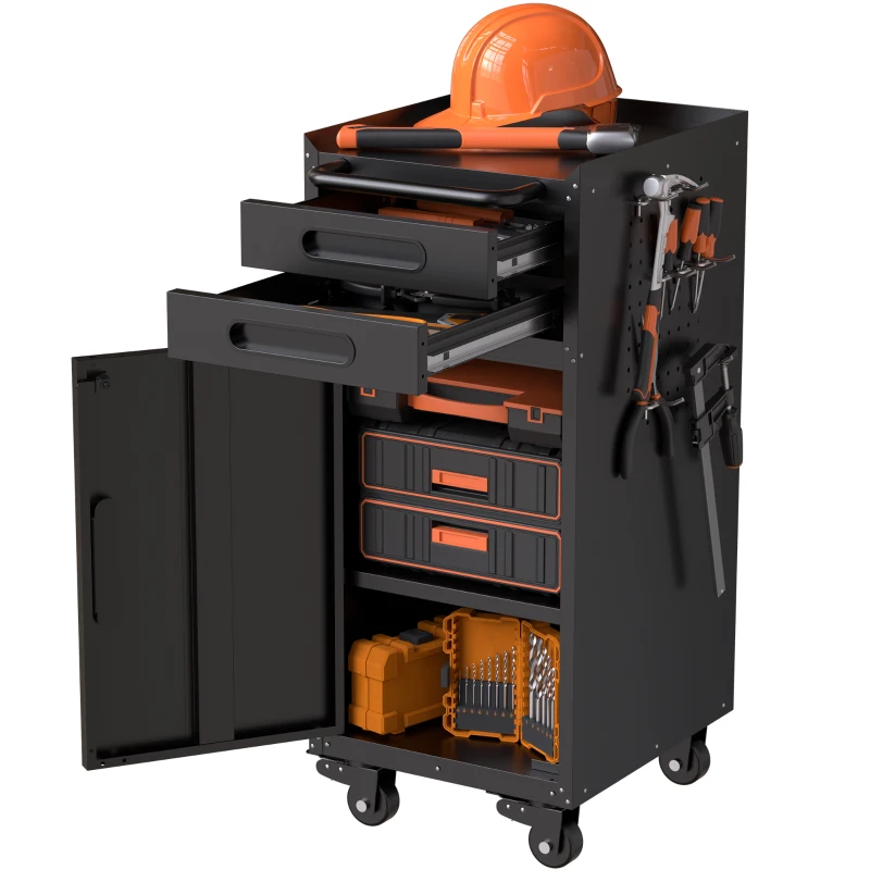 Armoire à outils mobile étroite en métal, porte verrouillable, 2 tiroirs et roulettes pivotantes, Noir