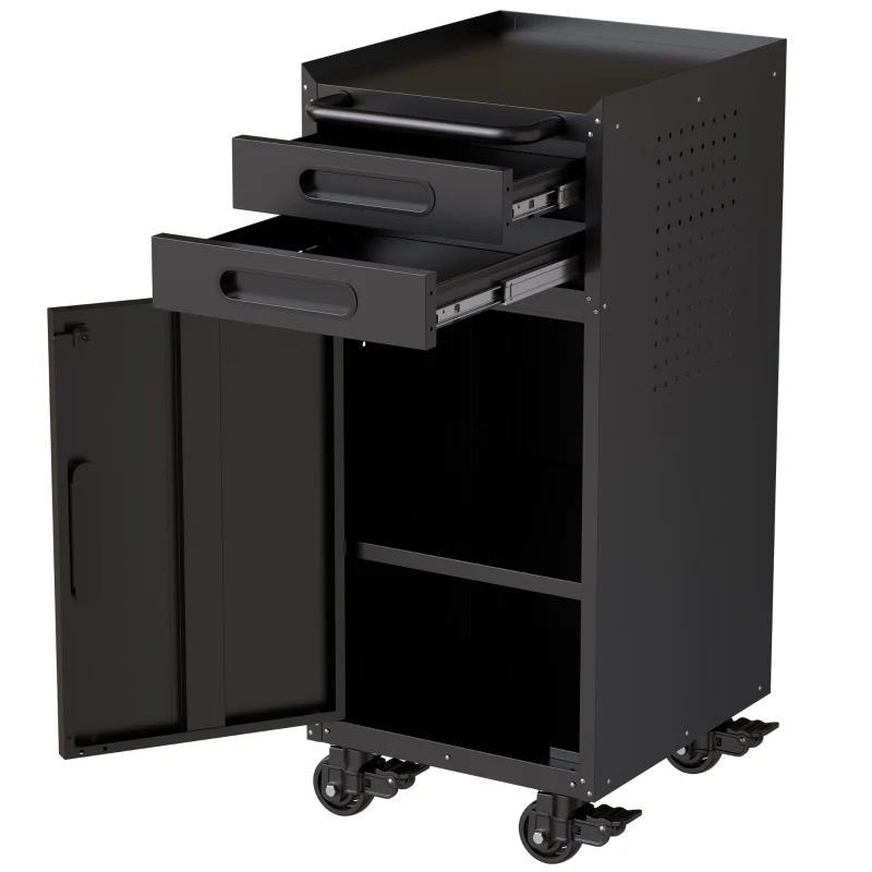 Armoire à outils mobile étroite en métal, porte verrouillable, 2 tiroirs et roulettes pivotantes, Noir