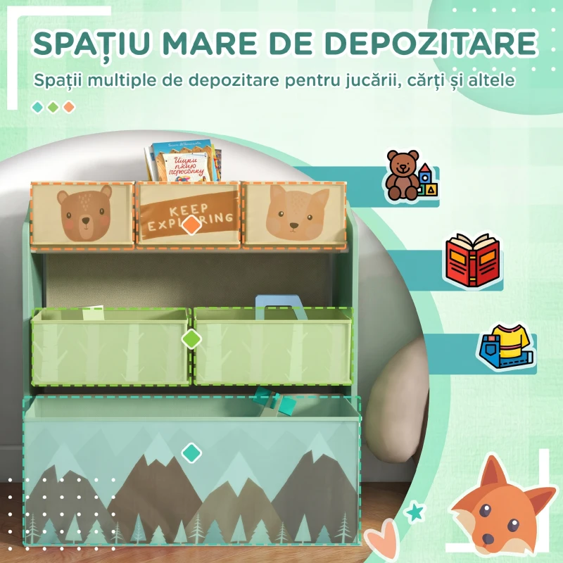 ZONEKIZ Etajeră pentru Depozitarea Jucăriilor pentru Copii, cu 6 Coșuri Detasabile din Material Textil, 63x30x66cm, Verde
