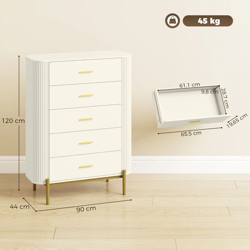 HOMCOM Kommode mit 5 Schubladen, Schlafzimmerkommode mit Rillenoptik, Metallgriffen und -beinen, 90x44x120 cm, Hellgrau