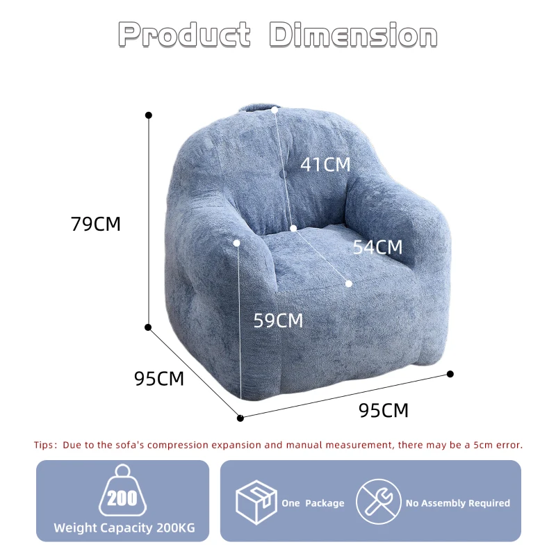 Sitzsack-Sessel mit Armlehnen, Kunstfellbezug und hochelastischer Schaumstofffüllung, für Wohnzimmer und Leseecke, 95x95x79 cm, Blau