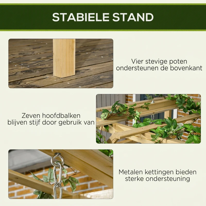 Outsunny schommelbank met pergola, 2-zits tuinschommel, massief hout, naturel