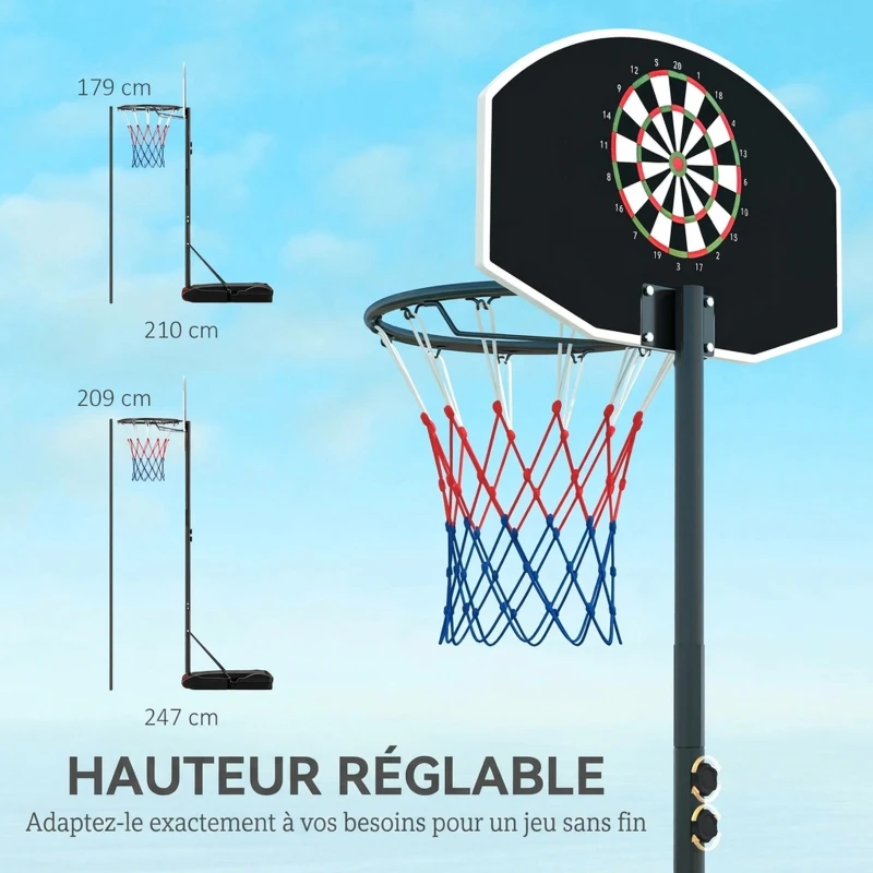 SPORTNOW Panier de Basket Extérieur et Fléchettes 2 en 1, Hauteur Réglable 210-247cm, Portable, Roues, Base Remplissable, Noir
