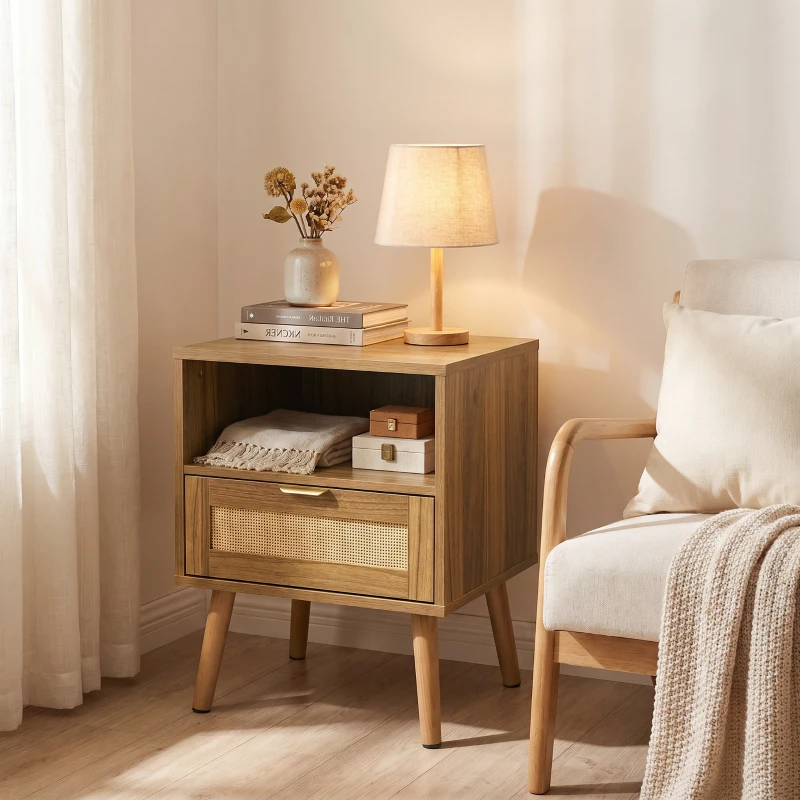 Nachttisch aus MDF mit Rattanfront, offenem Regal und Schublade, Boho- und Mid-Century-Design, goldener Griff, 45x40x55 cm, Walnuss