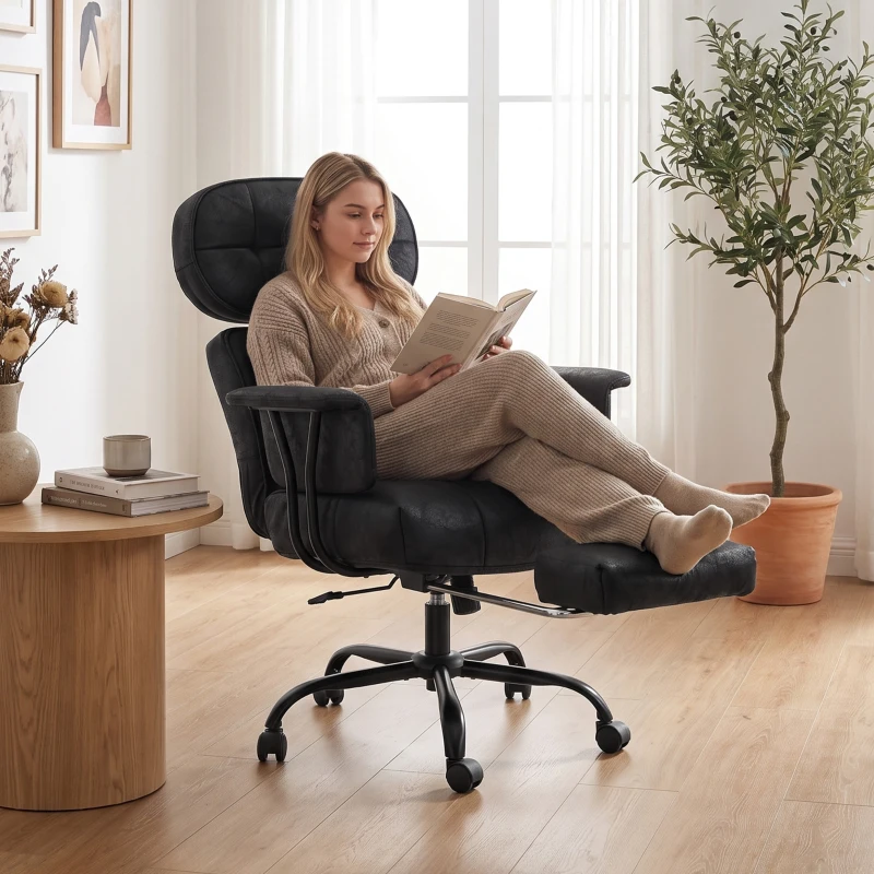 HOMCOM Office Chair, Big and Tall Desk Chair with Footrest, Wide Seat, Leathaire, Reclining Back, Swivel Wheels, Black