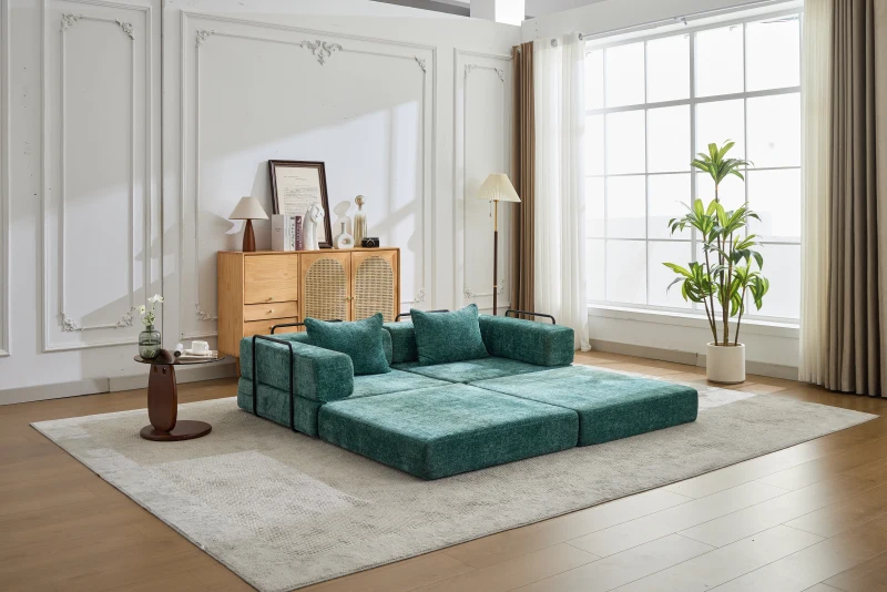 Wandelbares Bodenschlafsofa, modulares Design, Chenillebezug, ohne Montage, 200x100x63 cm, Dunkelgrün