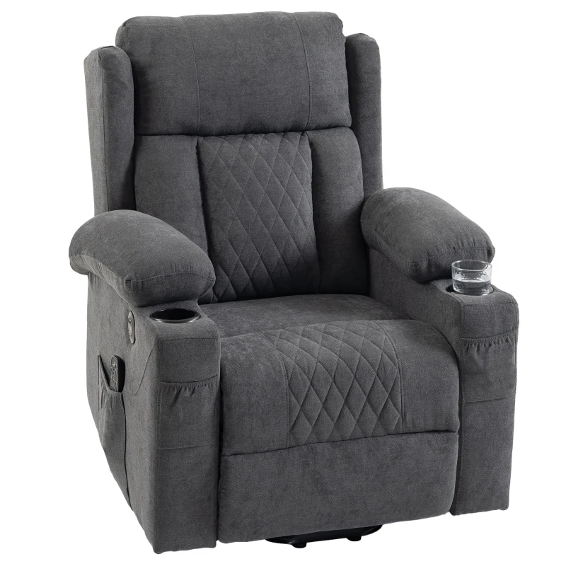 HOMCOM Poltrona Relax Elétrica Elevatória com 8 Pontos de Massagem e Calor Lombar, USB, Comando e Apoio para Pés, Cinzento